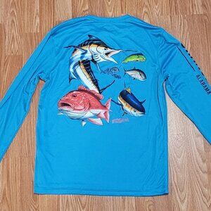 Orange Beach AL blue long sleeve silky shirt, size Small, NWT